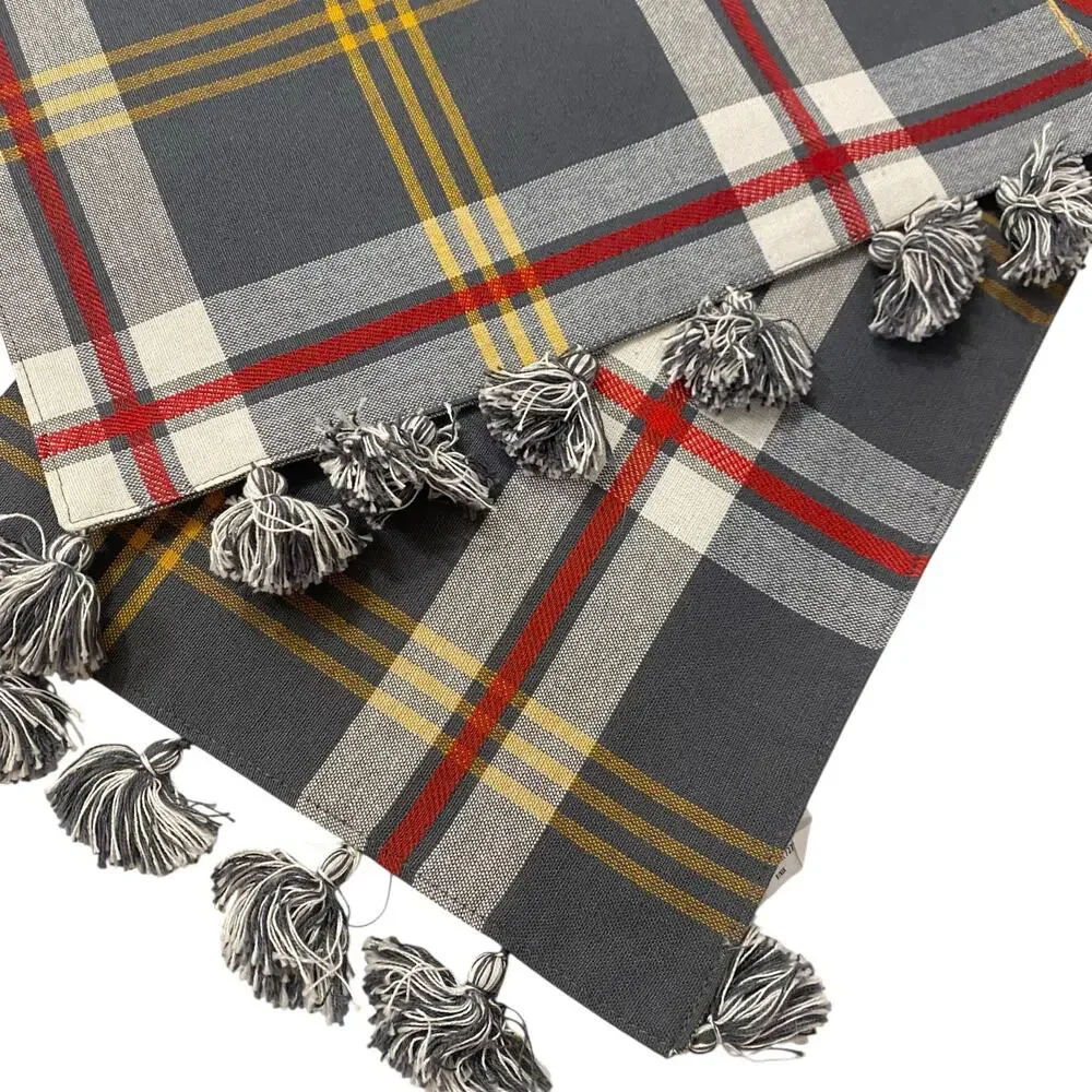 NWT Set of 2 Better Homes & Garden Gray Red Yellow Plaid Table Mats with Tassels